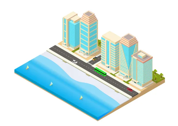 Illustration isométrique vectorielle d'une ville au bord de la mer — Image vectorielle