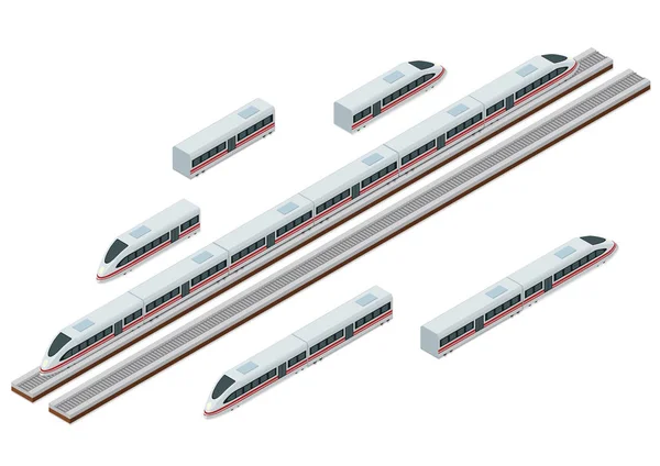 Изометрические железнодорожные пути и современные скоростные поезда — стоковый вектор