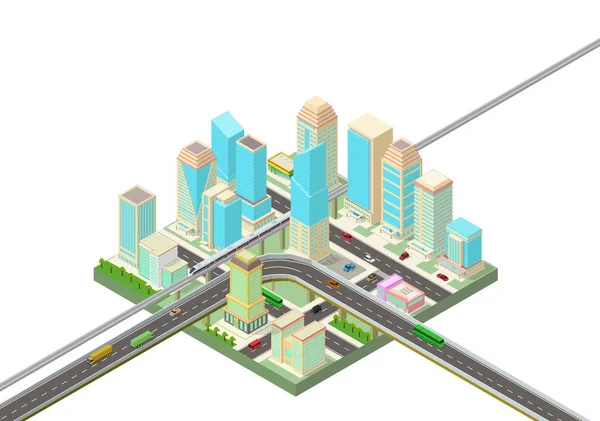 Isométrica Smart city con rascacielos, carretera y transporte — Vector de stock