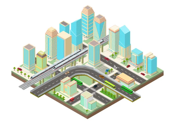 Isometrische Smart City mit Wolkenkratzern, Autobahn und Transport — Stockvektor