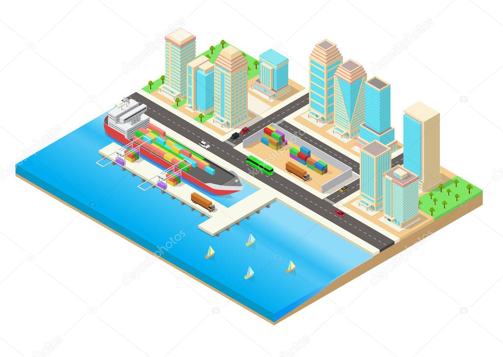 vector isometric illustration of a city beside the seaside and harbor