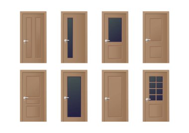 realistic wooden doors design icon set in different style