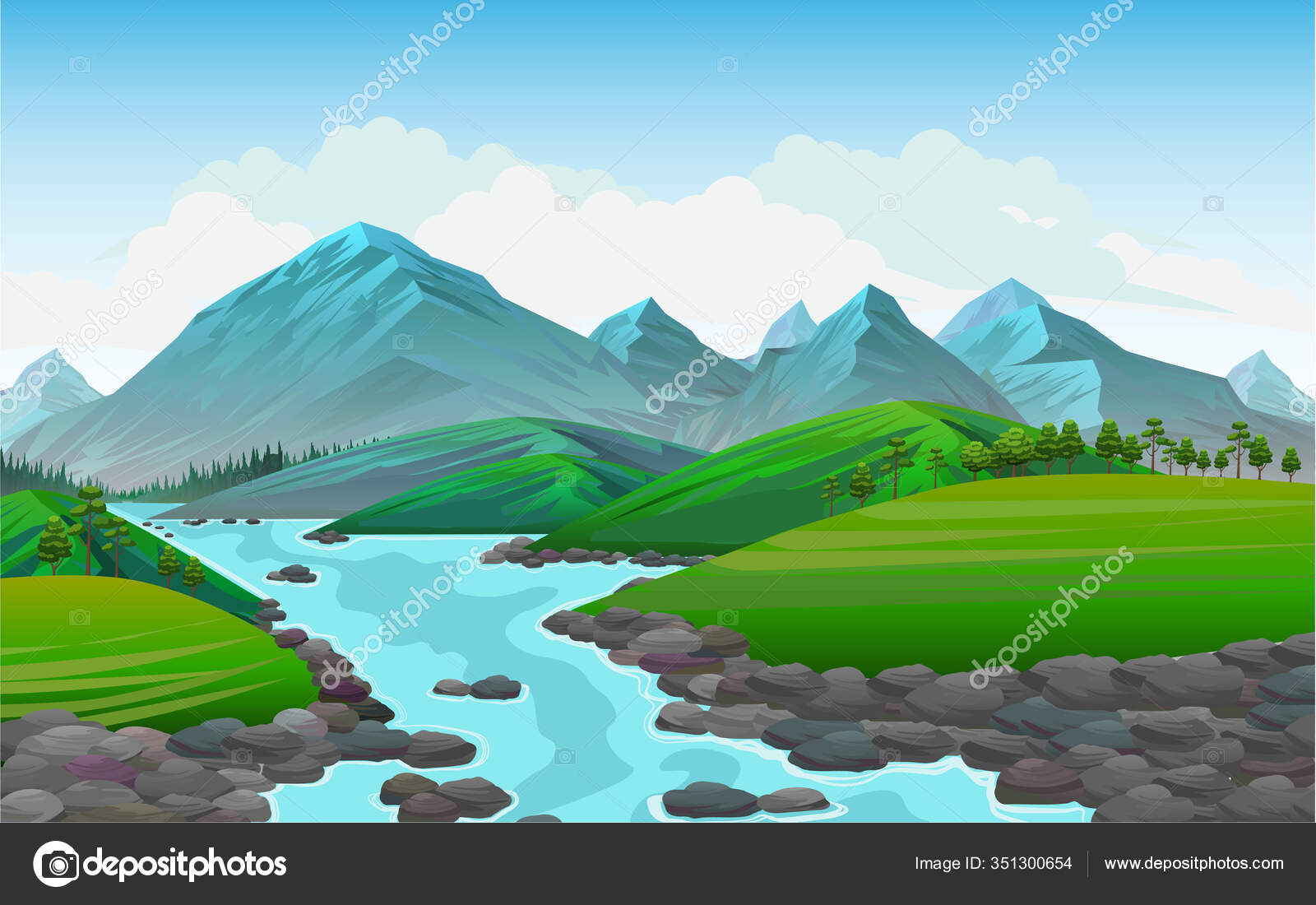 Ilustração Realista Paisagem Montanha Vista Emocionante Com Floresta Rio  Vetor de ©arifmusyafak4489.gmail.com 351300654, image size:1600x1100