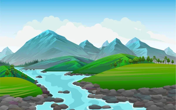 Ρεαλιστική Απεικόνιση Του Ορεινού Τοπίου Συναρπαστική Θέα Δάσος Και Ποτάμι — Διανυσματικό Αρχείο