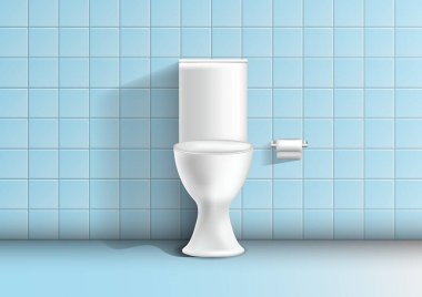 Modern tuvalet odası iç mimarisi 3d gerçekçi vektör modeli fayanslı duvarlar ve zemin klasik mavi seramik
