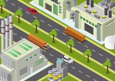 Vektör illüstrasyon izometrik endüstriyel binalar baca, yol ve araç gibi tesislere bakıyor.