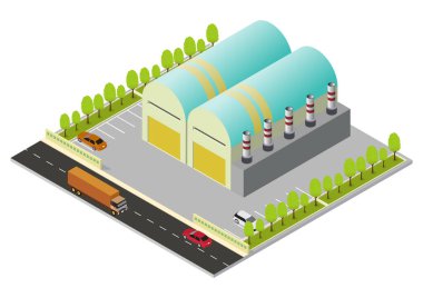 Yol, araç ve ağaçlarla izometrik sanayi binası