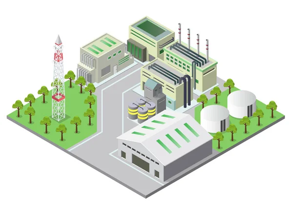 Ilustración Vectorial Isométrica Composición Edificios Industriales Con Vistas Las Instalaciones — Archivo Imágenes Vectoriales