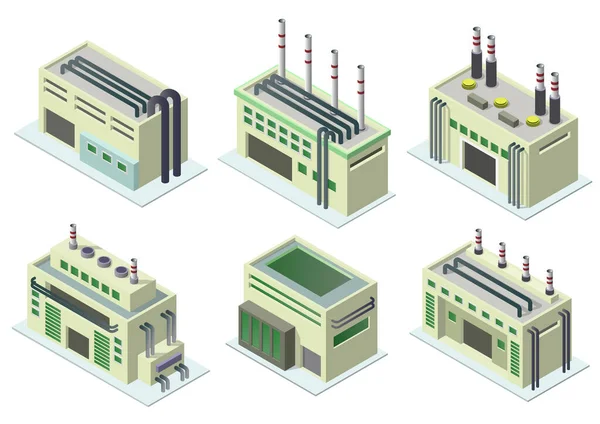 Ensemble Icônes Bâtiments Industriels Isométriques Vectoriels — Image vectorielle