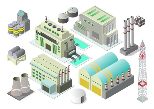 Conjunto Iconos Edificios Industriales Isométricos Vectoriales Fábricas Plantas Almacenes Transportadores — Vector de stock