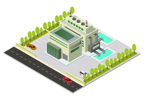 Edificio Industrial Isométrico Vectorial Con Carretera Vehículo Árboles — Vector de stock