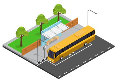 Isometric otobüs durağı vektör illüstrasyonu
