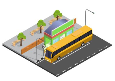 Isometric otobüs durağı vektör illüstrasyonu