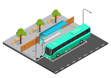 Isometric otobüs durağı vektör illüstrasyonu