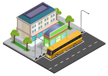 Isometric otobüs durağı vektör illüstrasyonu
