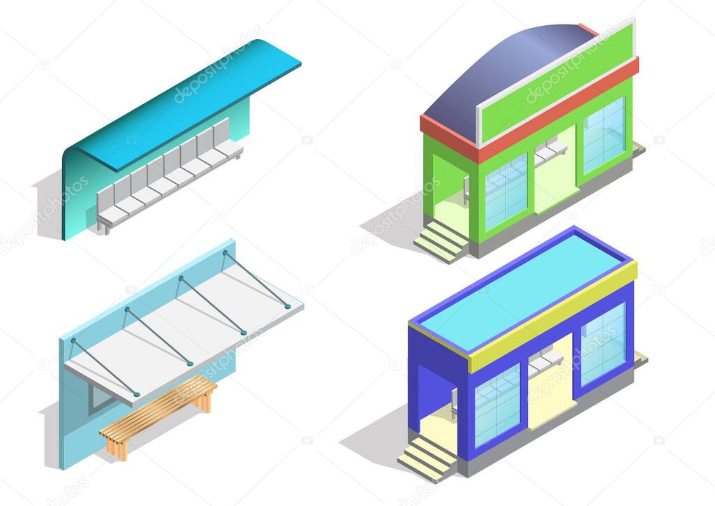 Isometric bus stop icon set. Vector illustration