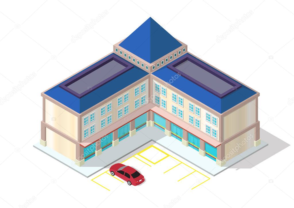 vector isometric shopping mall with parking area