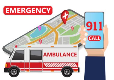 Ambulans servisi. Haritayla 911 acil hastane çağrısı. Vektör Resimleri