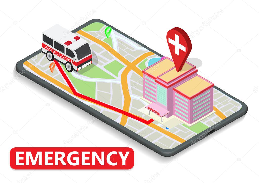 Emergency concept. Isometric map with ambulance and hospital on phone