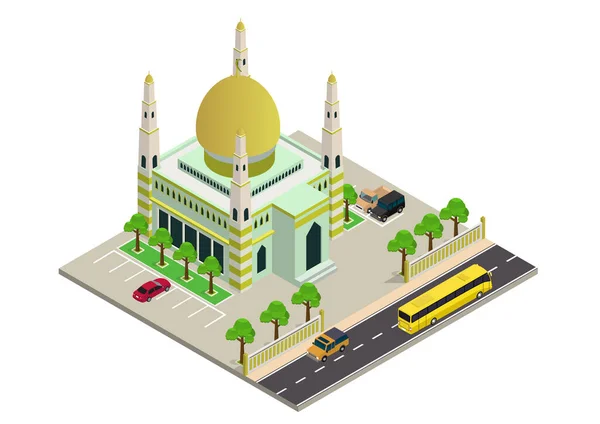 Vector Isometric Mosque Building Highway Cars — Stock Vector