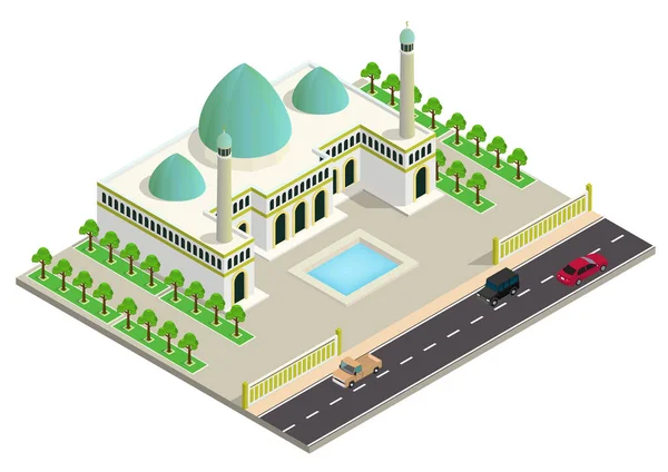 Moschea Isometrica Vettoriale Con Autostrada Automobili — Vettoriale Stock
