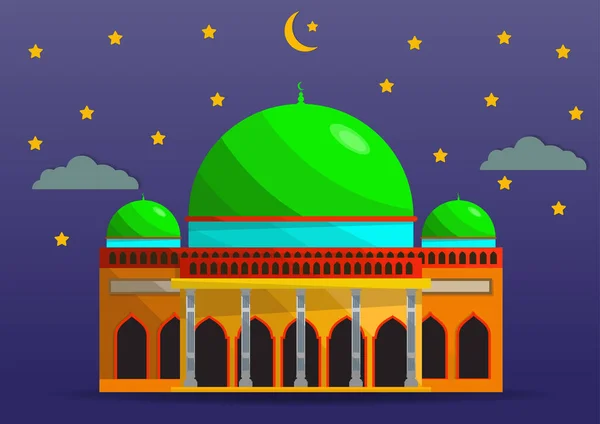 Mesquita Estilo Plano Isolado Fundo Noite Com Crescente Nuvem Estrelas — Vetor de Stock