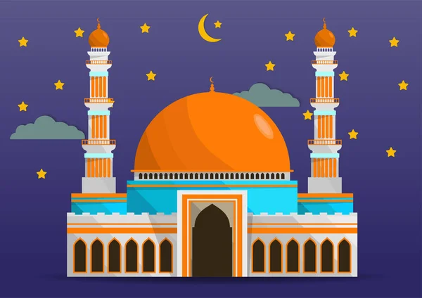 Mezquita Estilo Plano Aislada Sobre Fondo Nocturno Con Media Luna — Vector de stock