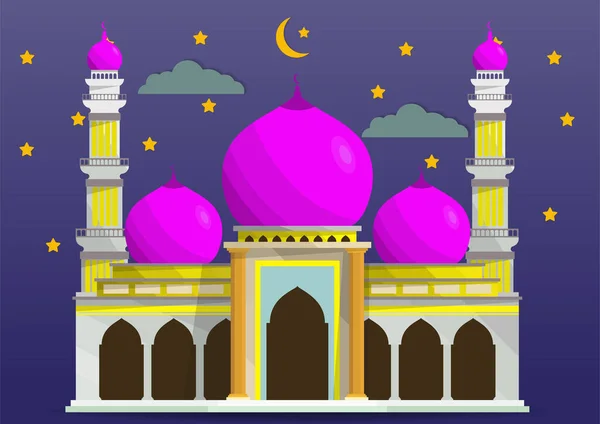 Mezquita Estilo Plano Aislada Sobre Fondo Nocturno Con Media Luna — Vector de stock