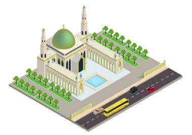Otoyolu ve arabaları olan vektör izometrik cami binası