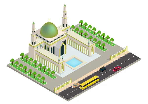 Bâtiment Mosquée Isométrique Vectorielle Avec Autoroute Voitures — Image vectorielle