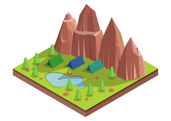 Vetor Isométrico Acampamento Floresta Recreação Livre Perto Lago Montanha — Vetor de Stock