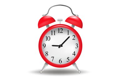 Gerçekçi çalar saat arka planda kırmızı izole edilmiş. Vektör illüstrasyonu