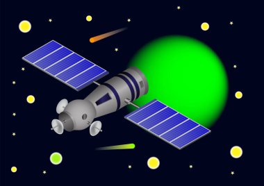 Vektör 3d illüstrasyon uzay gemisi veya yeşil gezegen arkaplanlı uydu