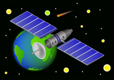 Vector 3d illüstrasyon uzay gemisi veya uydu dünya arkaplanlı
