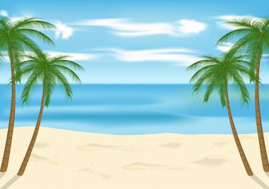 Tropik mavi deniz ve palmiyeli bir kumsal. Vektör arkaplanı.