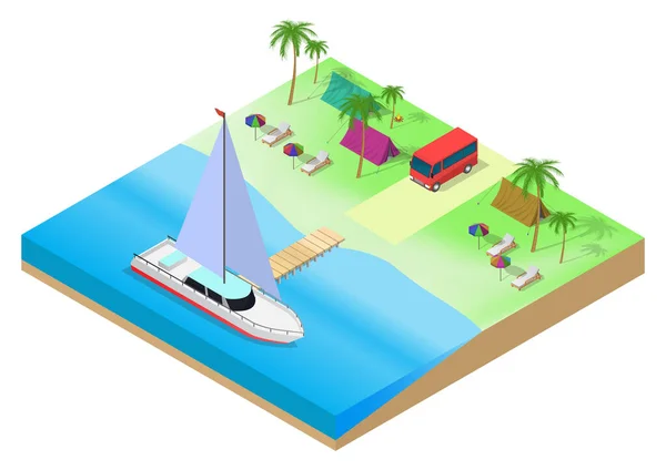 Vector Izometric Camping Plaja Tropicală Nave Palmieri — Vector de stoc