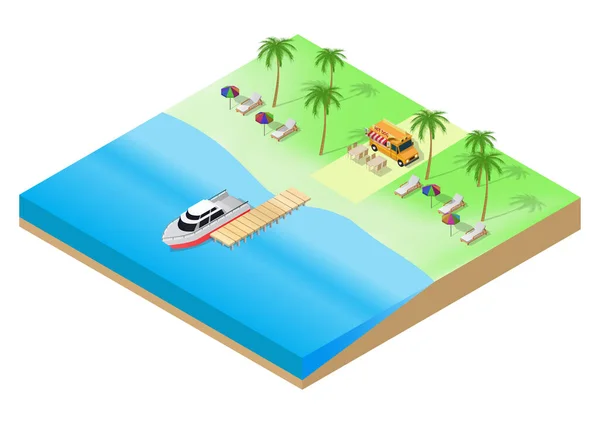 Vector Isométrico Playa Tropical Verano Con Palmera Barcos Coche — Vector de stock