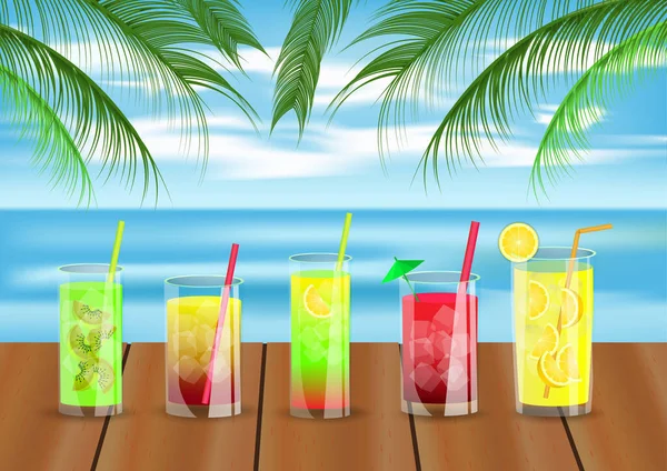 Летние Напитки Столе Пляже Векторные Иллюстрации — стоковый вектор
