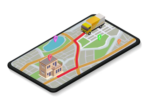 Concepto Envío Mapa Isométrico Móvil Con Camiones Reparto Casas Destino — Archivo Imágenes Vectoriales