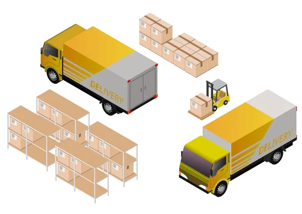 Isometric Lojistik Teslimat Konsepti Kamyon Forklift Kurye — Stok Vektör