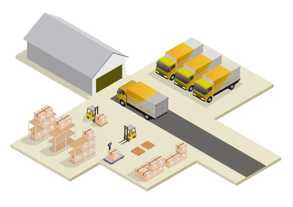 Isometric Logistics Delivery Concept Skladiště Náklaďák Vysokozdvižný Vozík Kurýr — Stockový vektor