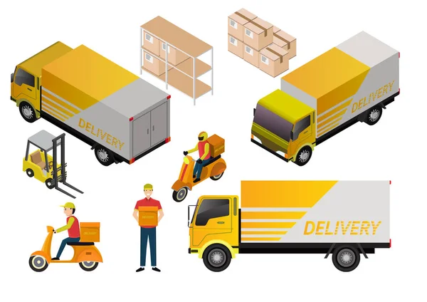 Ισομετρική Έννοια Logistics Και Παράδοσης Αποθήκη Φορτηγό Περονοφόρο Κούριερ Και — Διανυσματικό Αρχείο