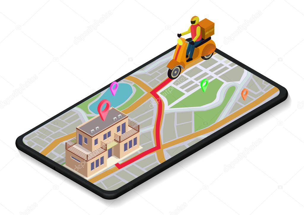 Delivery concept. Isometric map on mobile with delivery motorcycle ride to destination homes