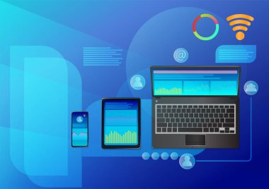 Mavi arkaplan üzerinde ticari istatistik ekranı olan dizüstü bilgisayarların, akıllı telefonların ve tabletlerin resimleme üst görünümü