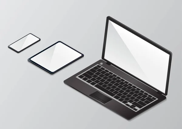 現実的なノートパソコン 白の背景に隔離された空白の壁紙画面とタブレットやスマートフォン テンプレートに使用します デバイスモックアップのセット — ストックベクタ