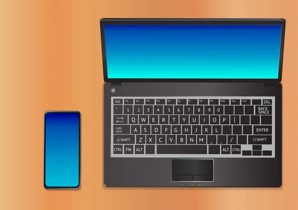 Adamının Işyerinin Fotokopi Alanının Olduğu Pankart Laptop Akıllı Telefon Üst — Stok Vektör