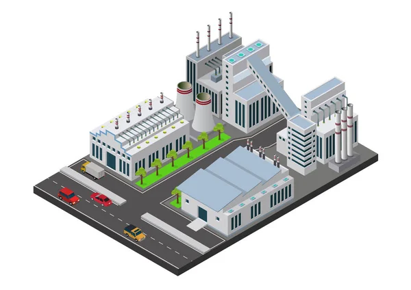 Ilustração Vetorial Isométrica Composição Edifícios Industriais Com Vista Para Instalações — Vetor de Stock