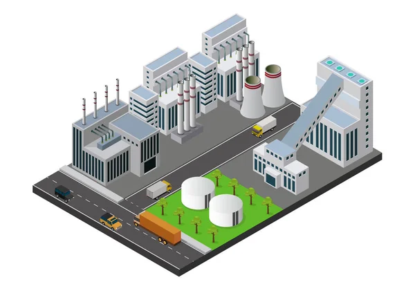 Ilustración Vectorial Isométrica Composición Edificios Industriales Con Vistas Las Instalaciones — Vector de stock