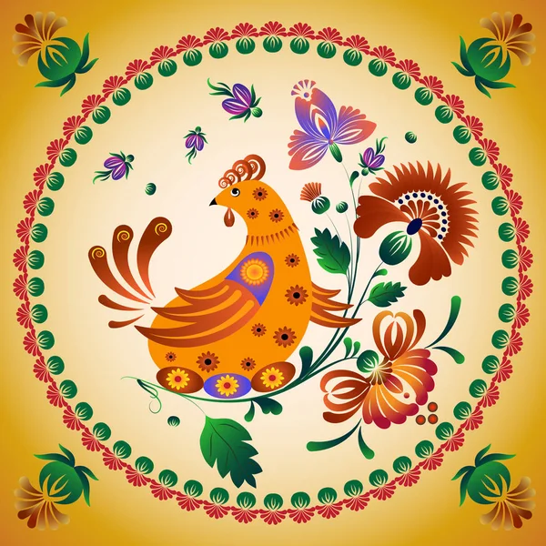 Chicken sitting on eggs on a flowering branch of flowers in folk style,cute chicken in folk style in round shape of red flowers — Stock Vector