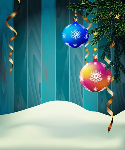 Christmas tree balls surrounded by gentle snowflakes on a wooden background — Stock Vector